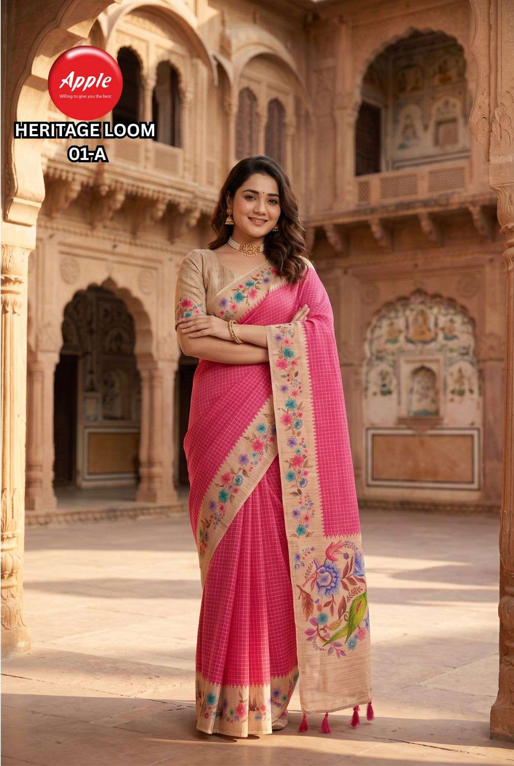 APPLE HERITAGE LOOM VOL 1 SOFT SILK FABRIC WITH BEAUTIFUL CHECK PATTEN ON SAREE BEST RATE